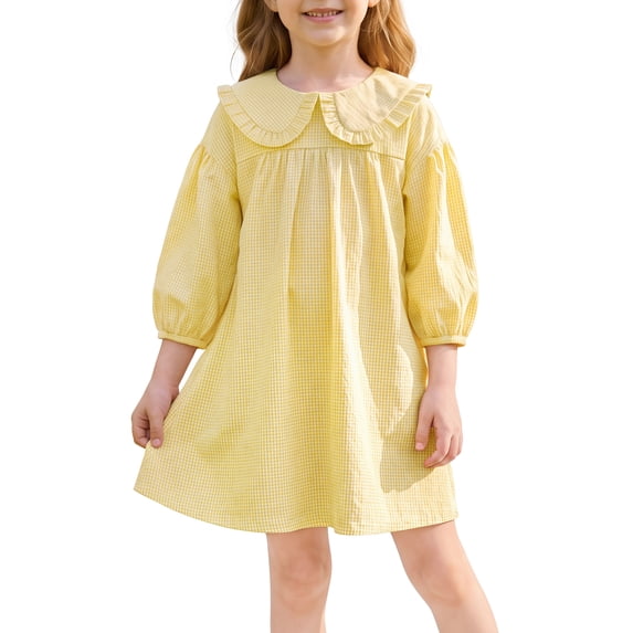 INSPIRE CHIC Halloween Girls Gingham Dress 3/4 Puff Sleeve Babydoll Shirt Dress with Doll Collar Loose Fit Fall Casual Dress for School & Parties 11-12 Years Yellow