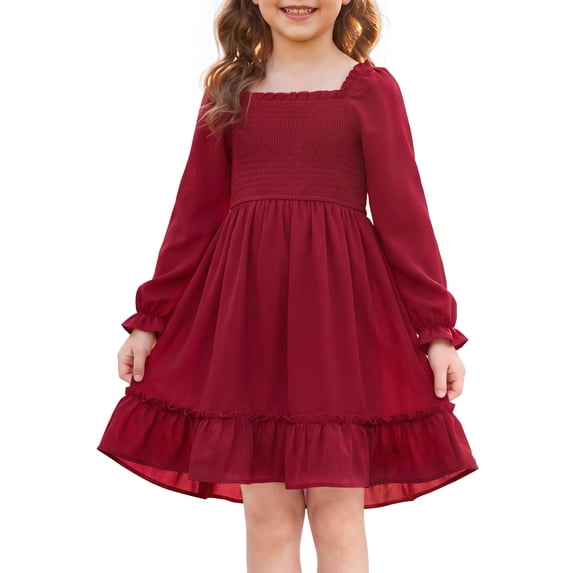 INSPIRE CHIC Girls' Halloween Long Sleeve Smocked Dress Square Neck High-Low Hem Fall Midi Dress for School & Parties 5-6 Years Burgundy