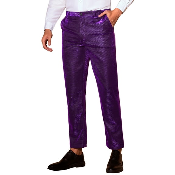 INSPIRE CHIC Glitter Pants for Men's 70s Disco Metallic Trousers Straight Leg Party Sequin Pants 28 Purple