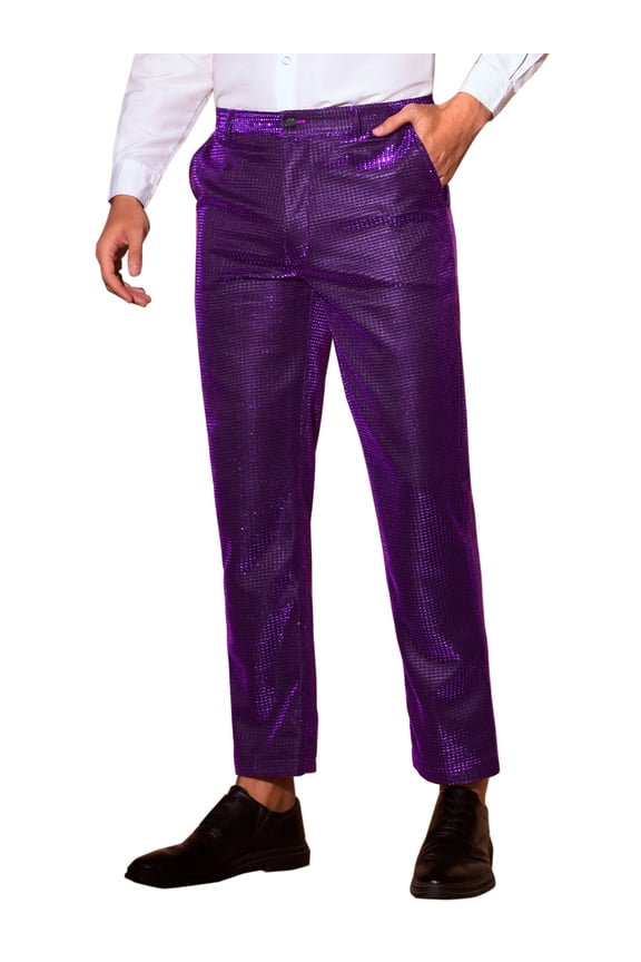 Glitter Pants for Men's 70s Disco Metallic Trousers Straight Leg Party Sequin Pants 28 Purple
