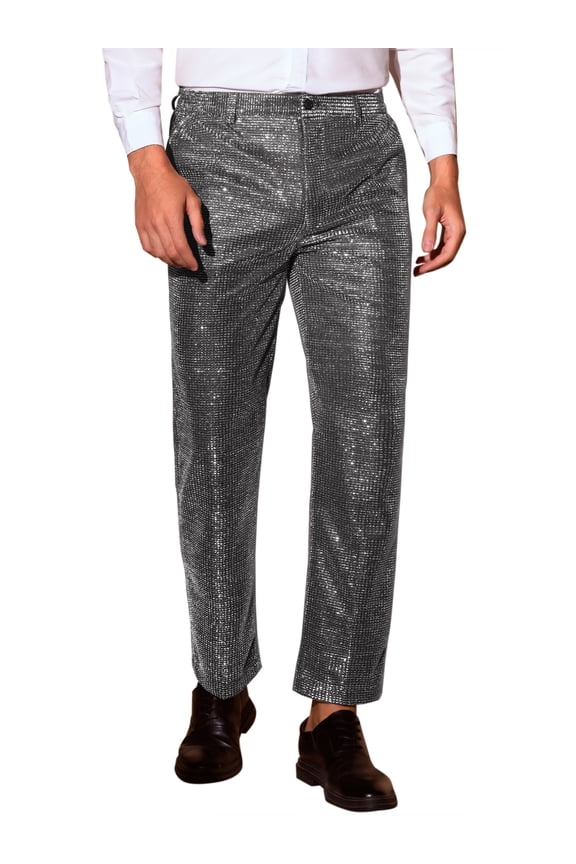 Glitter Pants for Men's 70s Disco Metallic Trousers Straight Leg Party Sequin Pants 28 Silver