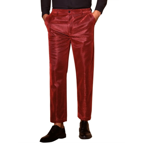 INSPIRE CHIC Glitter Pants for Men's 70s Disco Metallic Trousers Straight Leg Party Sequin Pants 36 Red