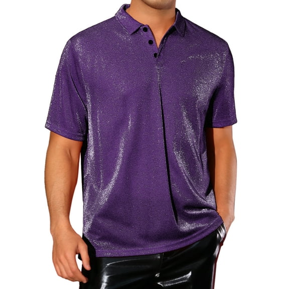 INSPIRE CHIC Glitter Polo Shirts for Men's Shiny Tops Short Sleeve Disco Metallic Polo L Purple