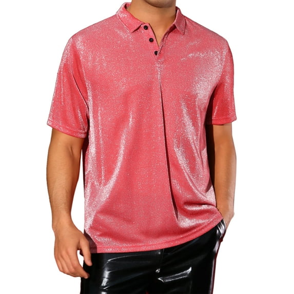 INSPIRE CHIC Glitter Polo Shirts for Men's Shiny Tops Short Sleeve Disco Metallic Polo S Red