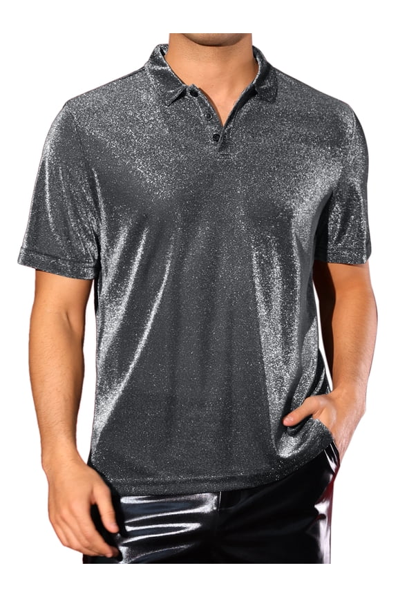 Glitter Polo Shirts for Men's Shiny Tops Short Sleeve Disco Metallic Polo S Silver