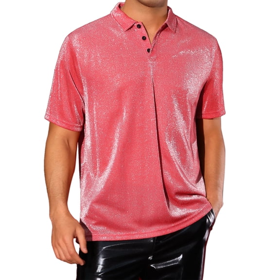 INSPIRE CHIC Glitter Polo Shirts for Men's Shiny Tops Short Sleeve Disco Metallic Polo XL Red