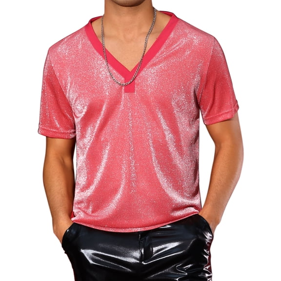 INSPIRE CHIC Glitter Sheer T-Shirt for Men's Shiny Tee V-Neck Short Sleeve Party See Through t Shirts 2XL Red