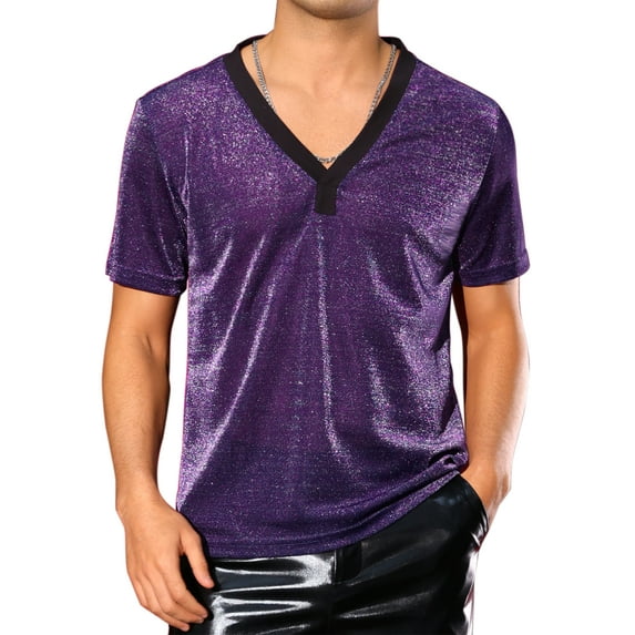 INSPIRE CHIC Glitter Sheer T-Shirt for Men's Shiny Tee V-Neck Short Sleeve Party See Through t Shirts XL Purple