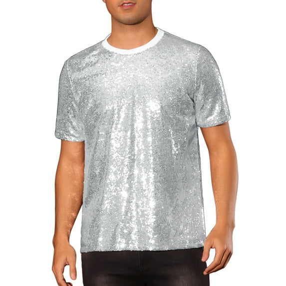 INSPIRE CHIC Glitter T-Shirt for Men's Sequin Tee Tops Short Sleeve Crew Neck Disco Metallic T Shirt M Silver