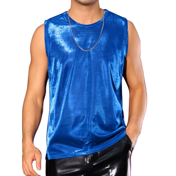INSPIRE CHIC Glitter Tank Top for Men's Slim Fit Sleeveless Disco See Through Sparkly Vest XL Blue