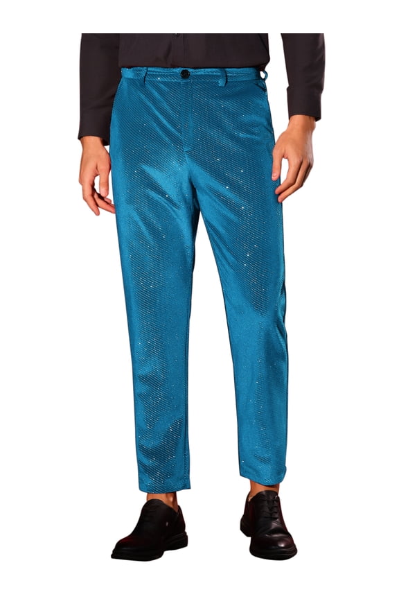 Glitter Velvet Pants for Men's Zipper Button Party Straight Leg Shiny Velour Trousers 28 Blue