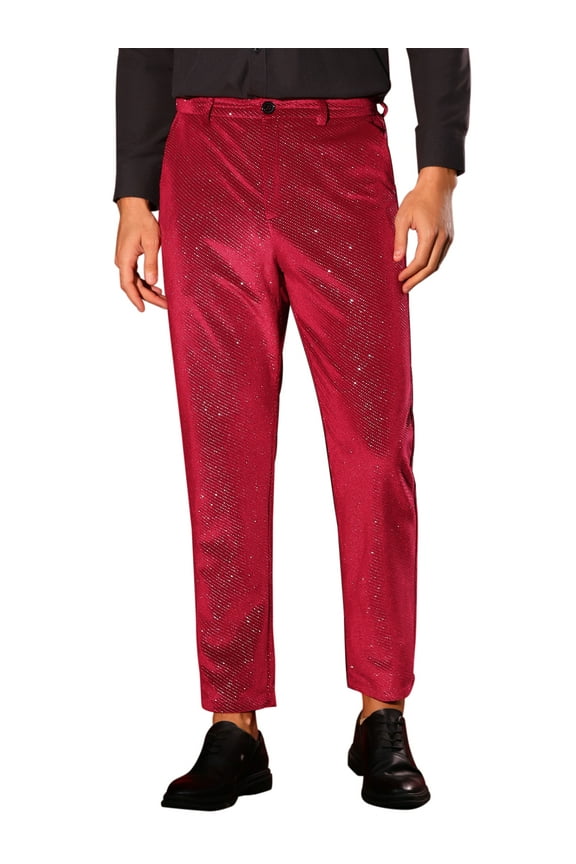 Glitter Velvet Pants for Men's Zipper Button Party Straight Leg Shiny Velour Trousers 32 Red
