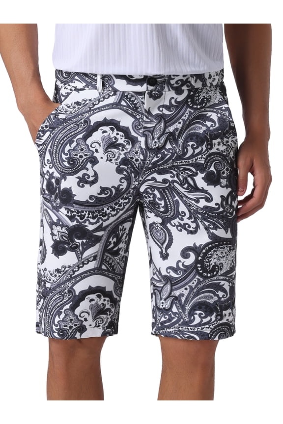 Graphic Printed Shorts for Mens Summer Retro Flat Front Boho Floral Shorts 30 Black White