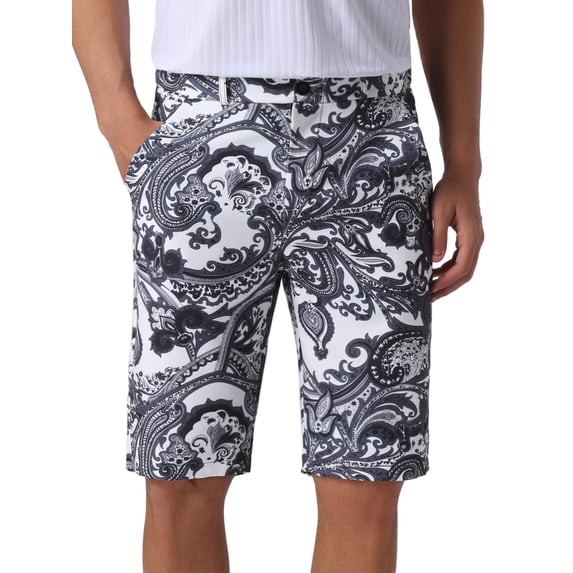 INSPIRE CHIC Graphic Printed Shorts for Mens Summer Retro Flat Front Boho Floral Shorts 30 Black White
