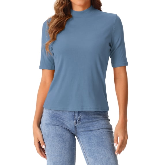 INSPIRE CHIC Women's Mock Neck Elbow Sleeve Stretchy Slim Fit Casual T-Shirt Gray Blue2 L