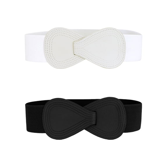 INSPIRE CHIC Halloween 2Pcs Plus Size Interlock 8-shaped Faux Leather Buckle Elastic Waist Belt for Lady 33.5x2.36"(LxW) Black & White