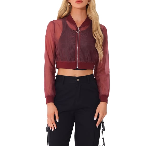 INSPIRE CHIC Halloween Bomber Crop Jacket for Women's Sheer Mesh Lightweight Long Sleeve Jackets XL Burgundy