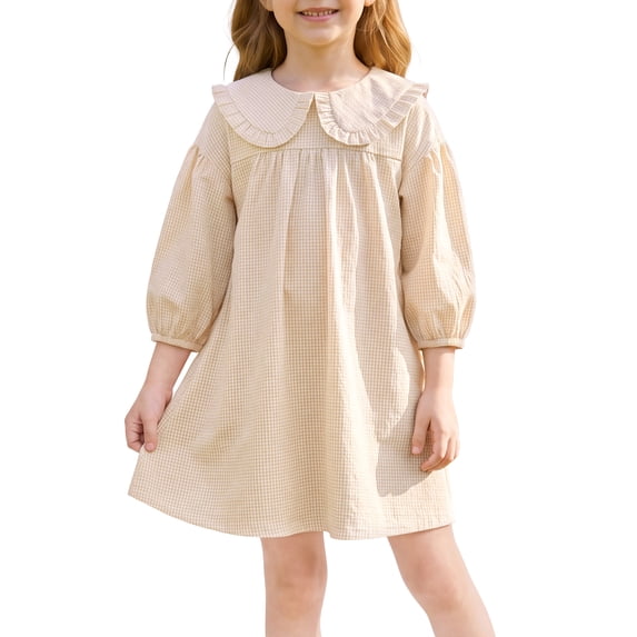 INSPIRE CHIC Halloween Girls Gingham Dress 3/4 Puff Sleeve Babydoll Shirt Dress with Doll Collar Loose Fit Fall Casual Dress for School & Parties 11-12 Years Apricot
