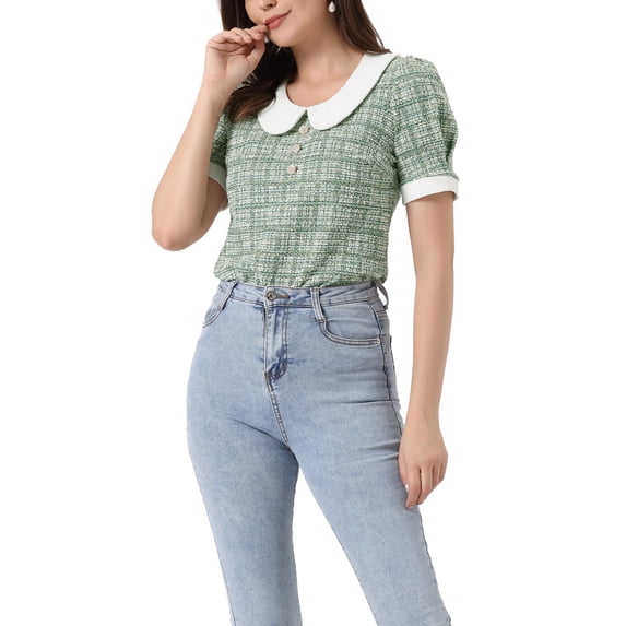 INSPIRE CHIC Halloween Peter Pan Collar Blouse for Women's Button Decor Vintage Tweed Top Shirt XL Green