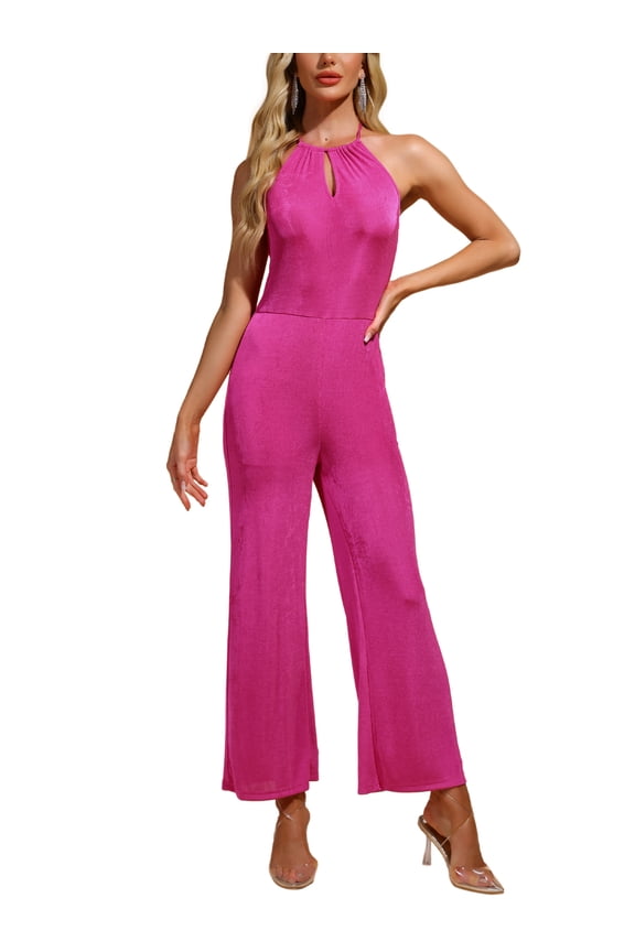 Halter Neck Jumpsuit for Women's Party Sleeveless High Waist Wide Legs Rompers XL Hot Pink