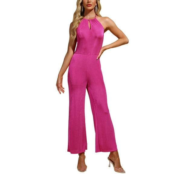 INSPIRE CHIC Halter Neck Jumpsuit for Women's Party Sleeveless High Waist Wide Legs Rompers XS Hot Pink