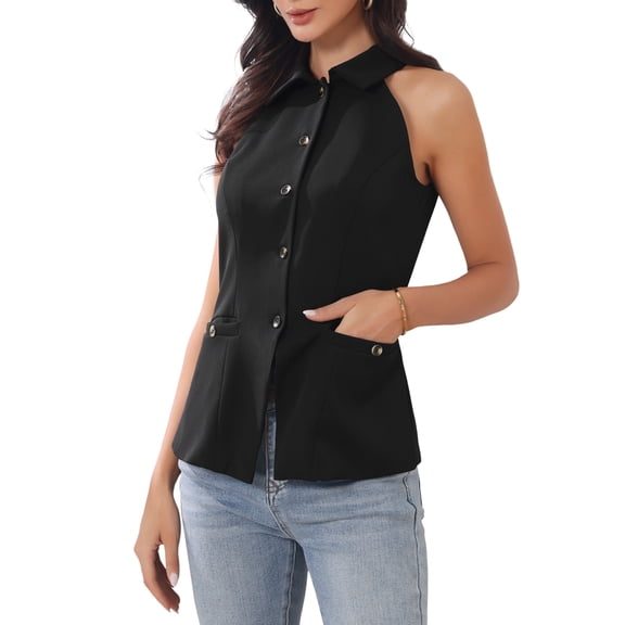 INSPIRE CHIC Halter Neck Suit Vest Top for Women Collared Button Up Business Casual Sleeveless Blazer Waistcoat L Black