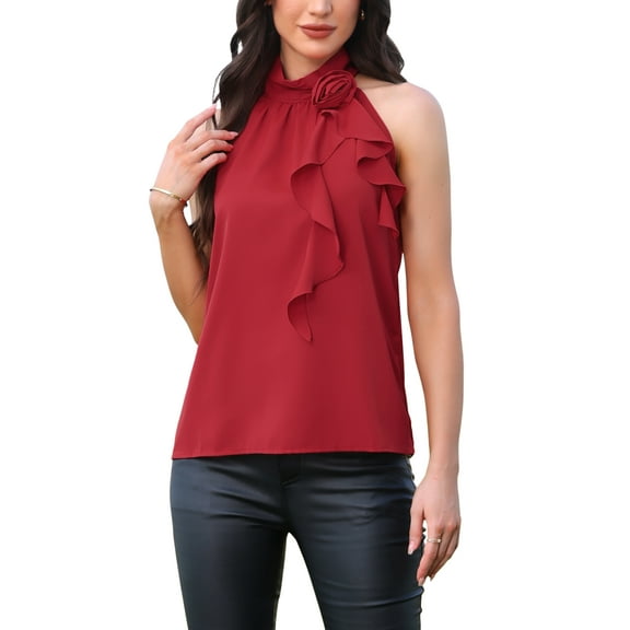 FAB CURVES Halter Neck Top for Women's 3D Floral Sleeveless Dressy Casual Blouse L Red