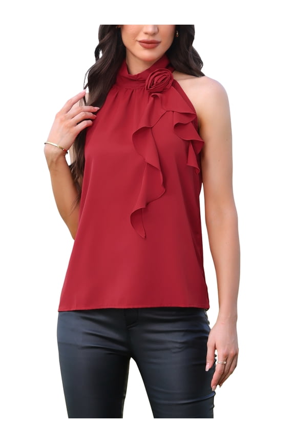 Halter Neck Top for Women's 3D Floral Sleeveless Dressy Casual Blouse XL Red