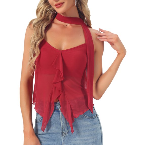 INSPIRE CHIC Halter Top for Women Mesh Tank Tops Camisoles Y2K Party Going Out Outfits XL Red