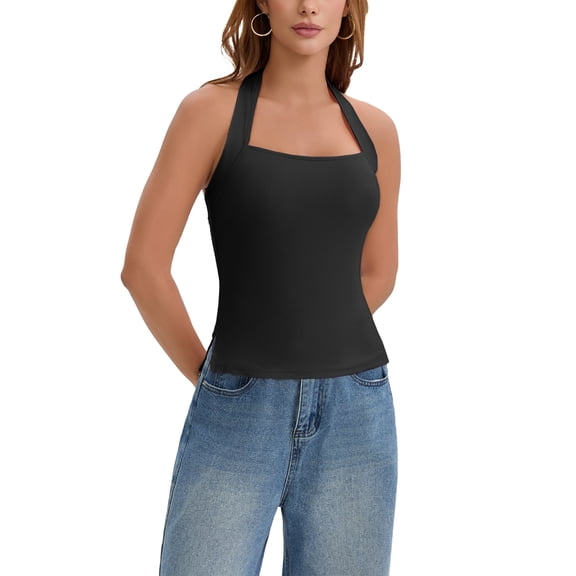 INSPIRE CHIC Halter Tops for Women Sleeveless Tank Top Square Neck Summer Going Out Tops with Side Slits L Black