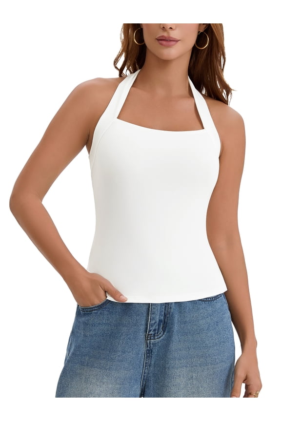 Edition Halter Tops for Women Sleeveless Tank Top Square Neck Summer Going Out Tops with Side Slits L White