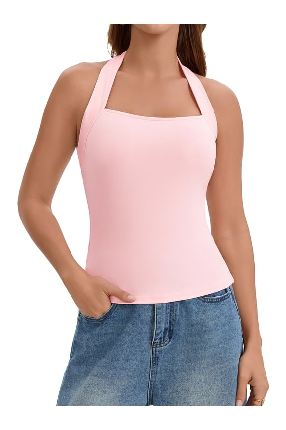Halter Tops for Women Sleeveless Tank Top Square Neck Summer Going Out Tops with Side Slits M Pink