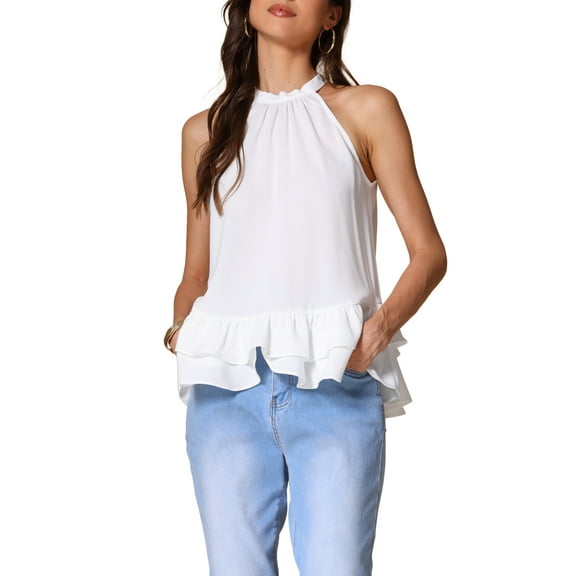 INSPIRE CHIC Halterneck Peplum Top for Women's 2025 Sleeveless Blouse XS White