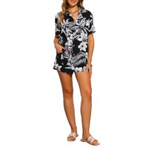 INSPIRE CHIC Hawaiian Outfits 2 Piece Sets for Women's Tropical Floral Button Down Shirt and Shorts Casual Beachwear Sets XS Black