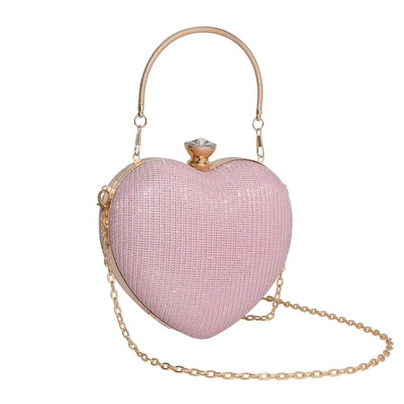INSPIRE CHIC Heart Shape Evening Bag Rhinestone Shoulder Handbag with Chain for Women Pink