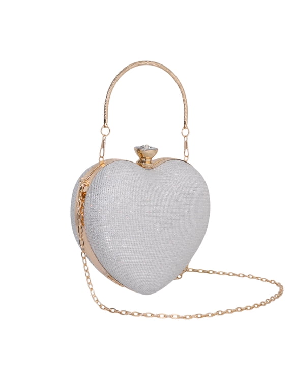 Heart Shape Evening Bag Rhinestone Shoulder Handbag with Chain for Women Silver