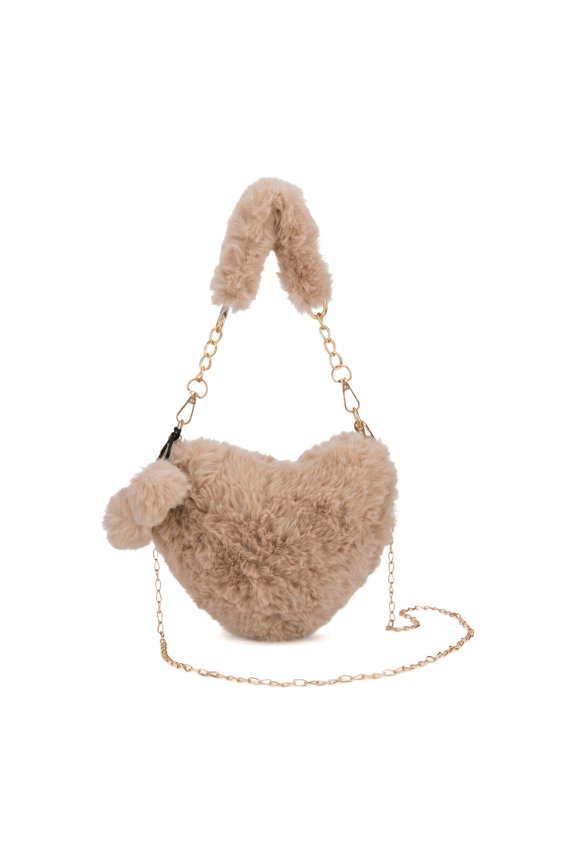 Heart Shaped Plush Shoulder Handbag for Women Fuzzy Crossbody Bag with Removable Chain Strap Khaki