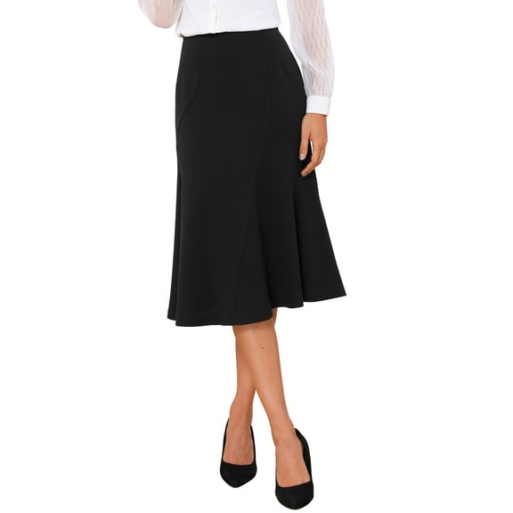 INSPIRE CHIC High Waisted Flared Skirts for Women's 1950s Solid Color Business Casual Midi Skirt XS Black
