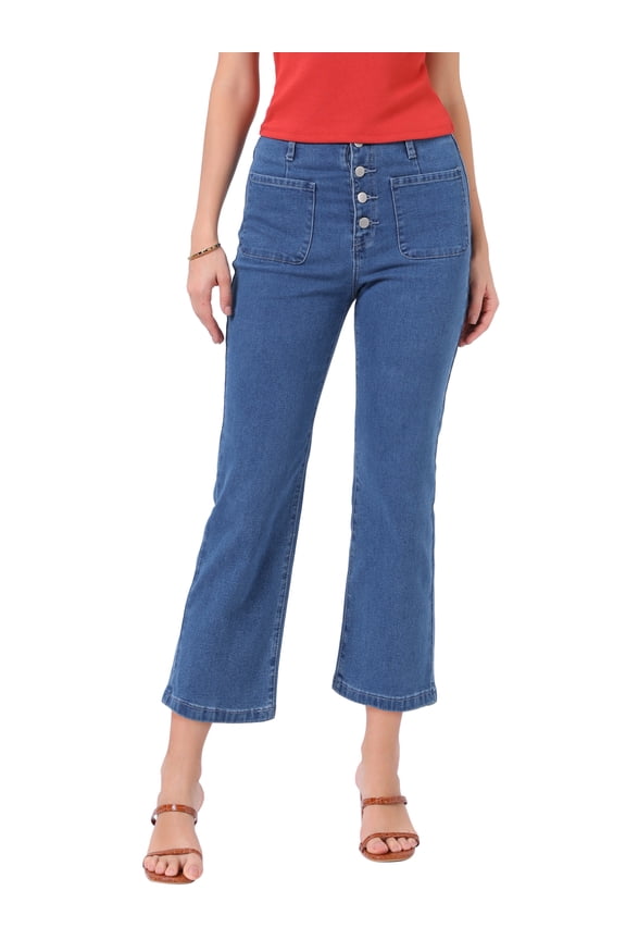 High Waisted Jeans for Women Stretchy Straight Leg Buttoned Denim Pants with Pockets M Blue