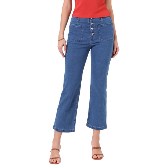INSPIRE CHIC High Waisted Jeans for Women Stretchy Straight Leg Buttoned Denim Pants with Pockets S Blue