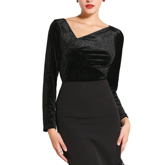 INSPIRE CHIC INSPIRE CHIC Women's Slim Fitted Top Asymmetrical Neck Casual Long Sleeve Velvet Blouse S Black