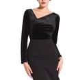 thumbnail image 1 of INSPIRE CHIC Women's Slim Fitted Party Top Asymmetrical Ruched Neck Long Sleeve Velvet Blouse S Black, 1 of 5
