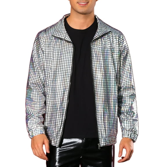 INSPIRE CHIC Holographic Jacket for Men's Metallic Long Sleeve Stand Collar Party Disco Shiny Jackets 2XL Silver