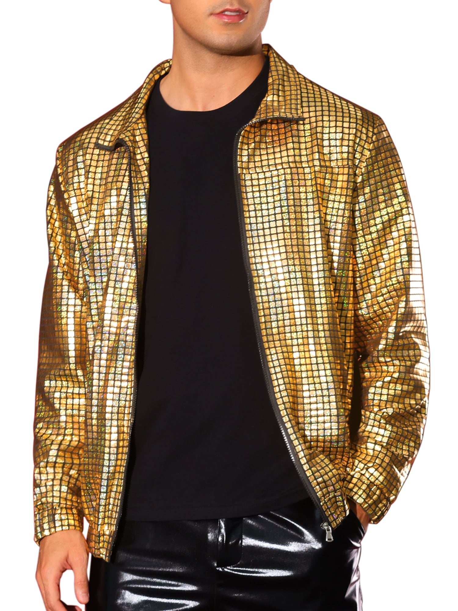 INSPIRE CHIC Holographic Jacket for Men's Metallic Long Sleeve Stand Collar Party Disco Shiny Jackets L Golden