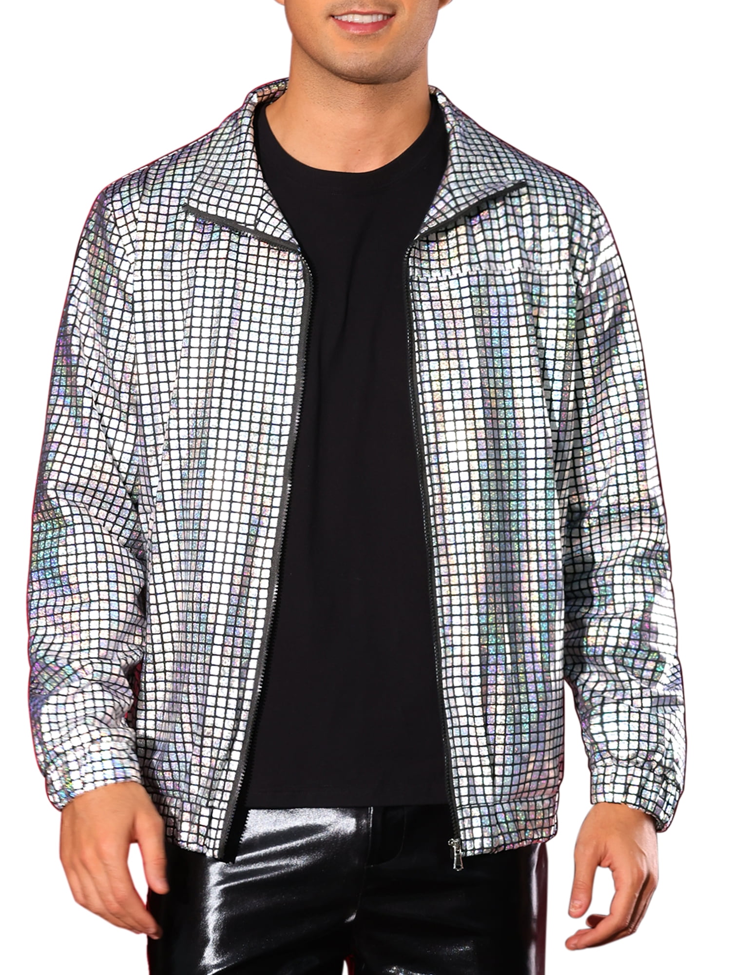 INSPIRE CHIC Holographic Jacket for Men's Metallic Long Sleeve Stand Collar Party Disco Shiny Jackets L Silver