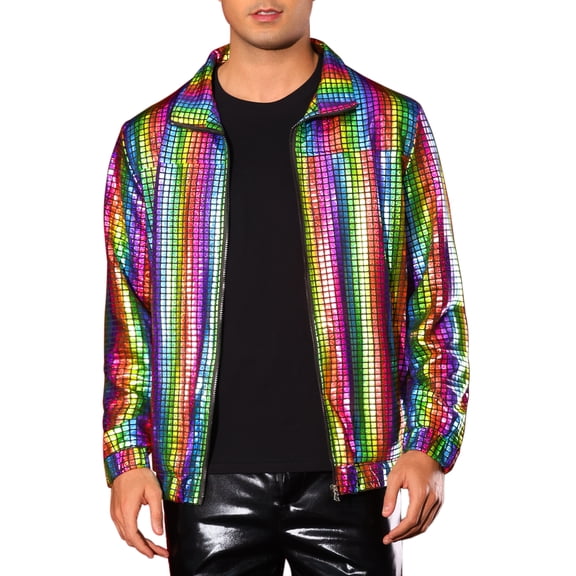INSPIRE CHIC Holographic Jacket for Men's Metallic Long Sleeve Stand Collar Party Disco Shiny Jackets M Multicolor