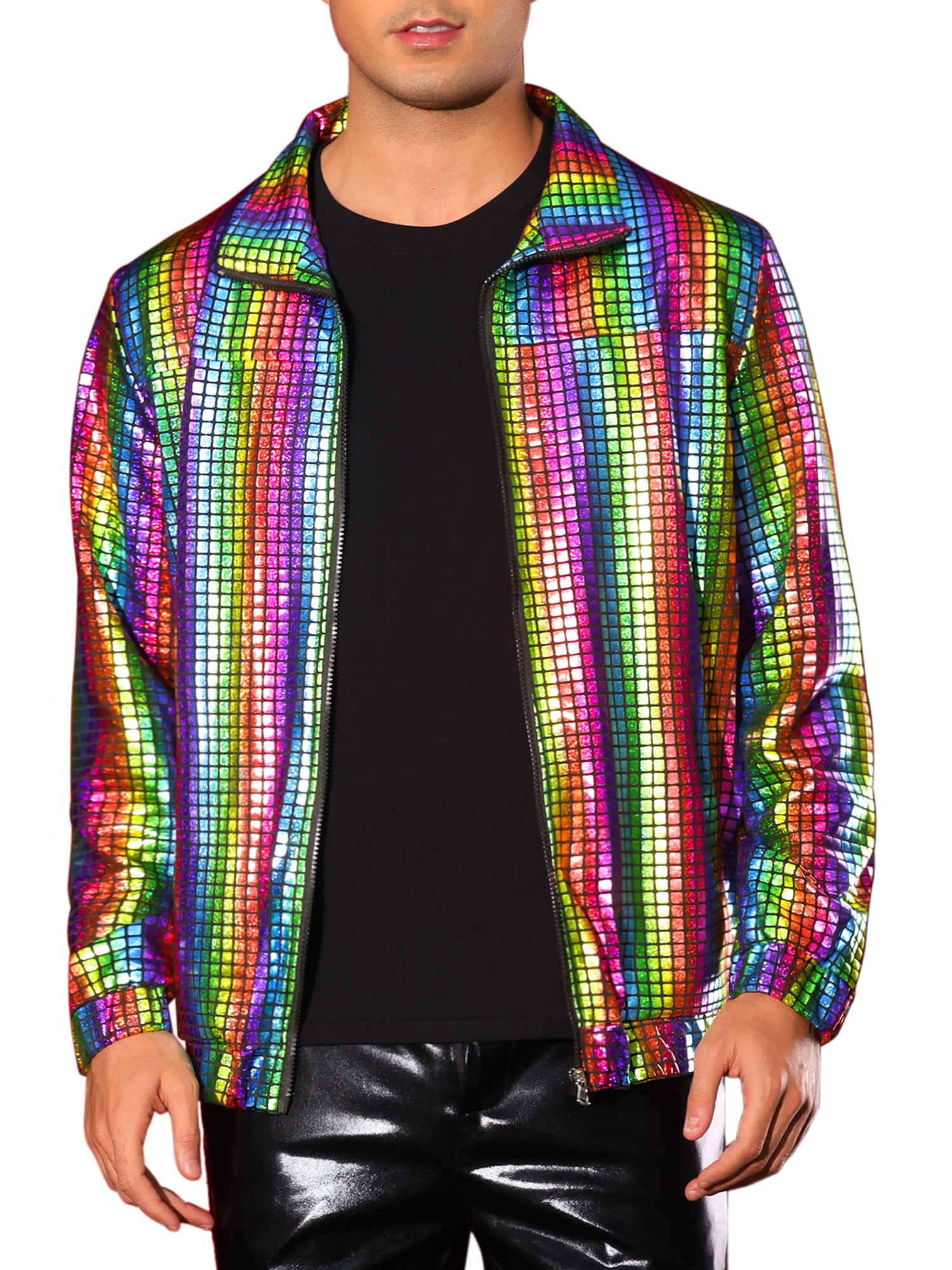 INSPIRE CHIC Holographic Jacket for Men's Metallic Long Sleeve Stand Collar Party Disco Shiny Jackets XL Multicolor