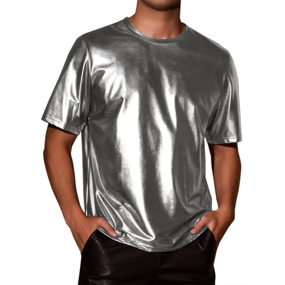 INSPIRE CHIC Holographic T-Shirts for Men's Crew Neck Short Sleeved Party Disco Shiny t Shirt M Gray
