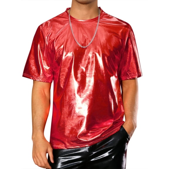 INSPIRE CHIC Holographic T-Shirts for Men's Crew Neck Short Sleeved Party Disco Shiny t Shirt M Red