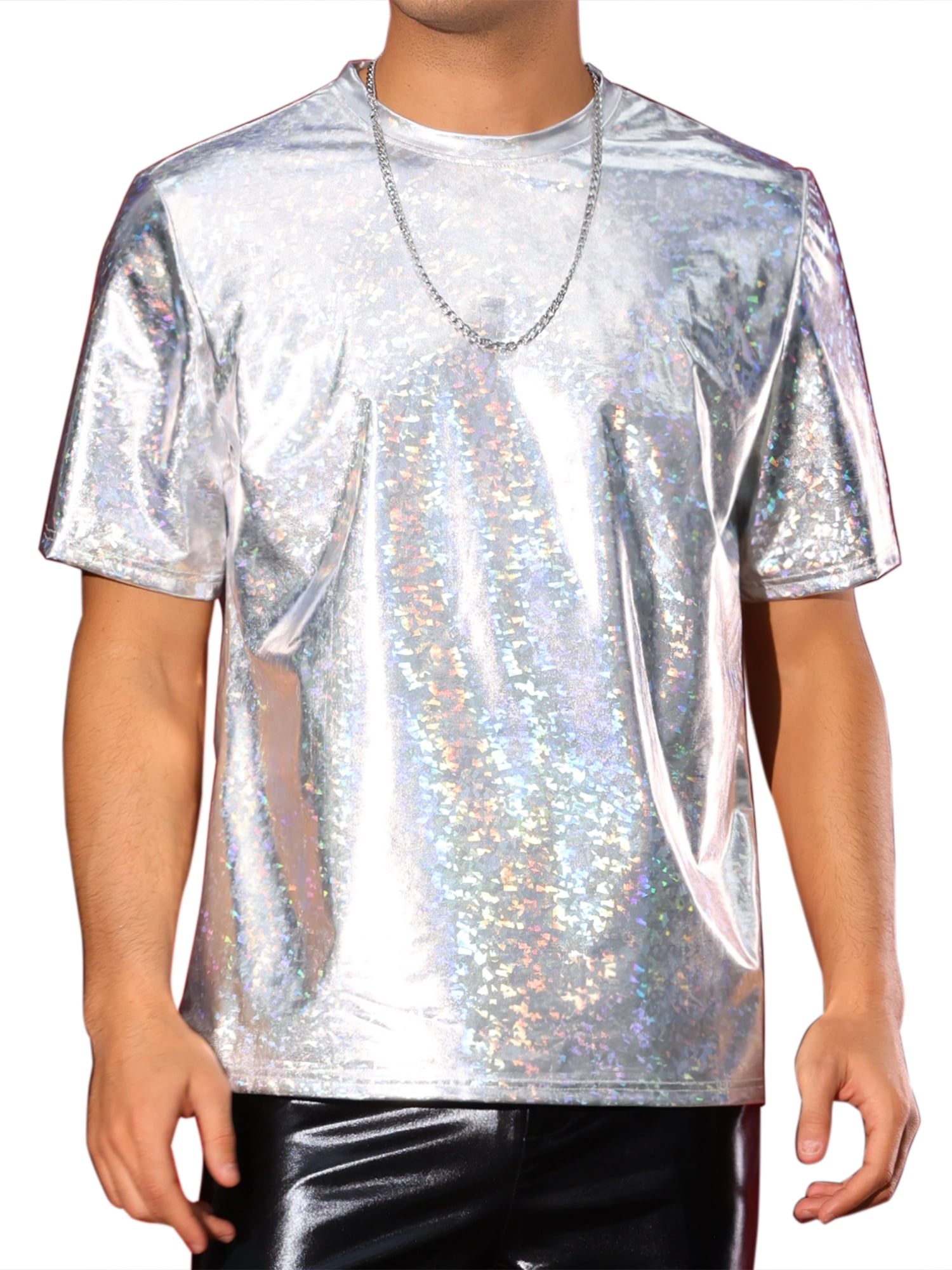 INSPIRE CHIC Holographic T-Shirts for Men's Crew Neck Short Sleeved Party Disco Shiny t Shirt S Silver